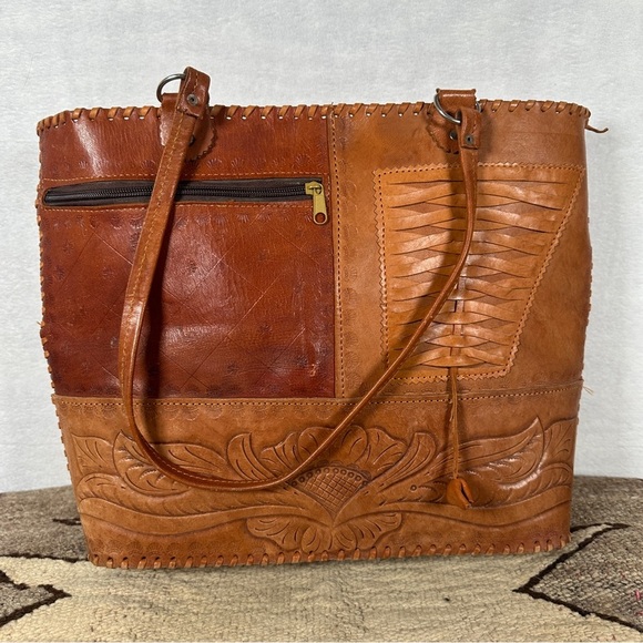 Vintage handmade western tooled Leather Shoulder Bag patchwork purse large tote - Picture 11 of 14